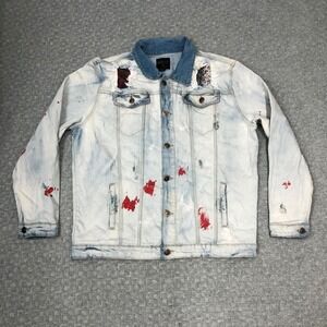 Encrypted Jacket Mens XL Light Wash Denim Distressed Paint Splatter Trucker Norm